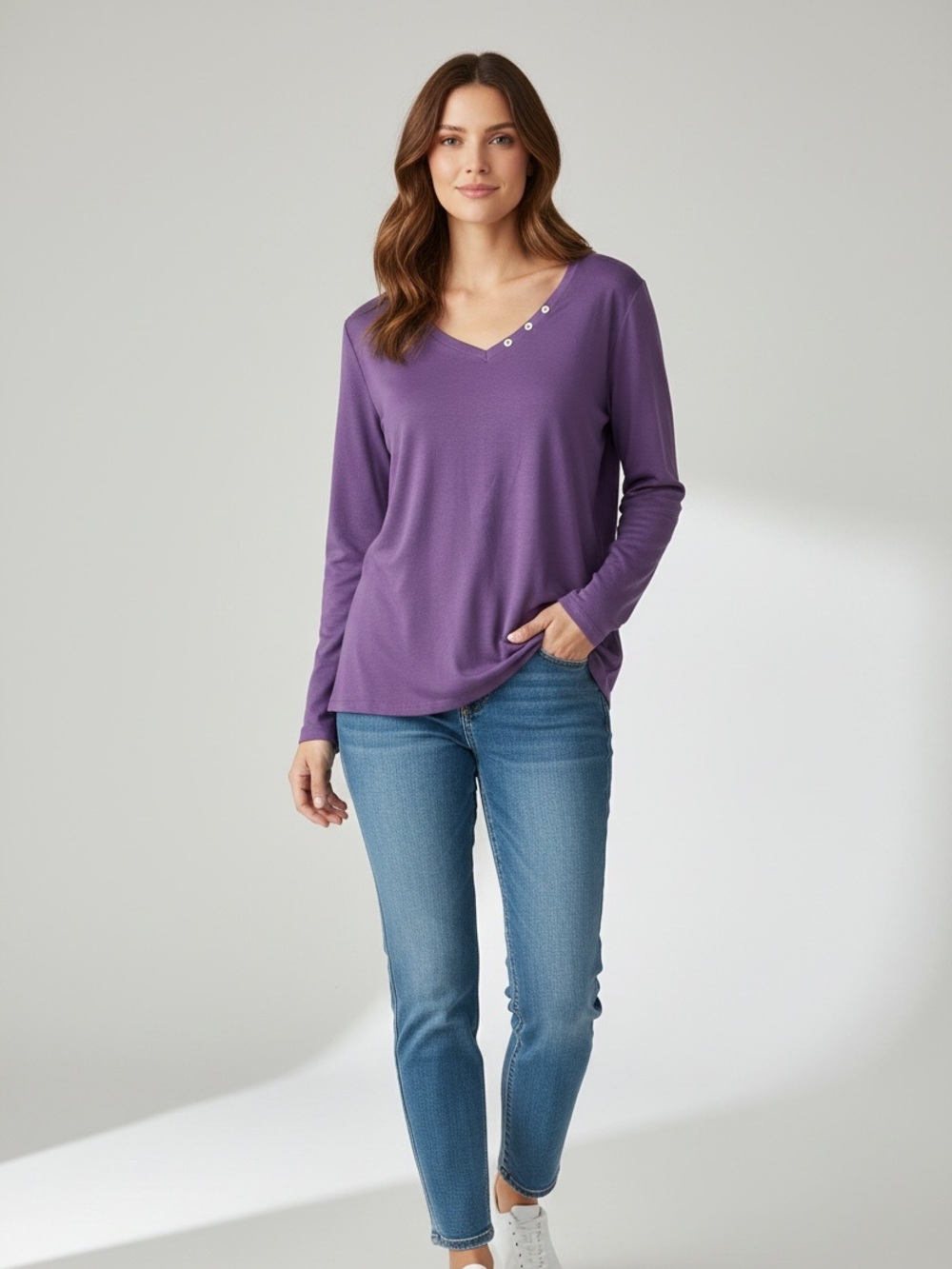 Chicos Women’s Size XL (3) Long Sleeve V Neck Solid Purple Tee